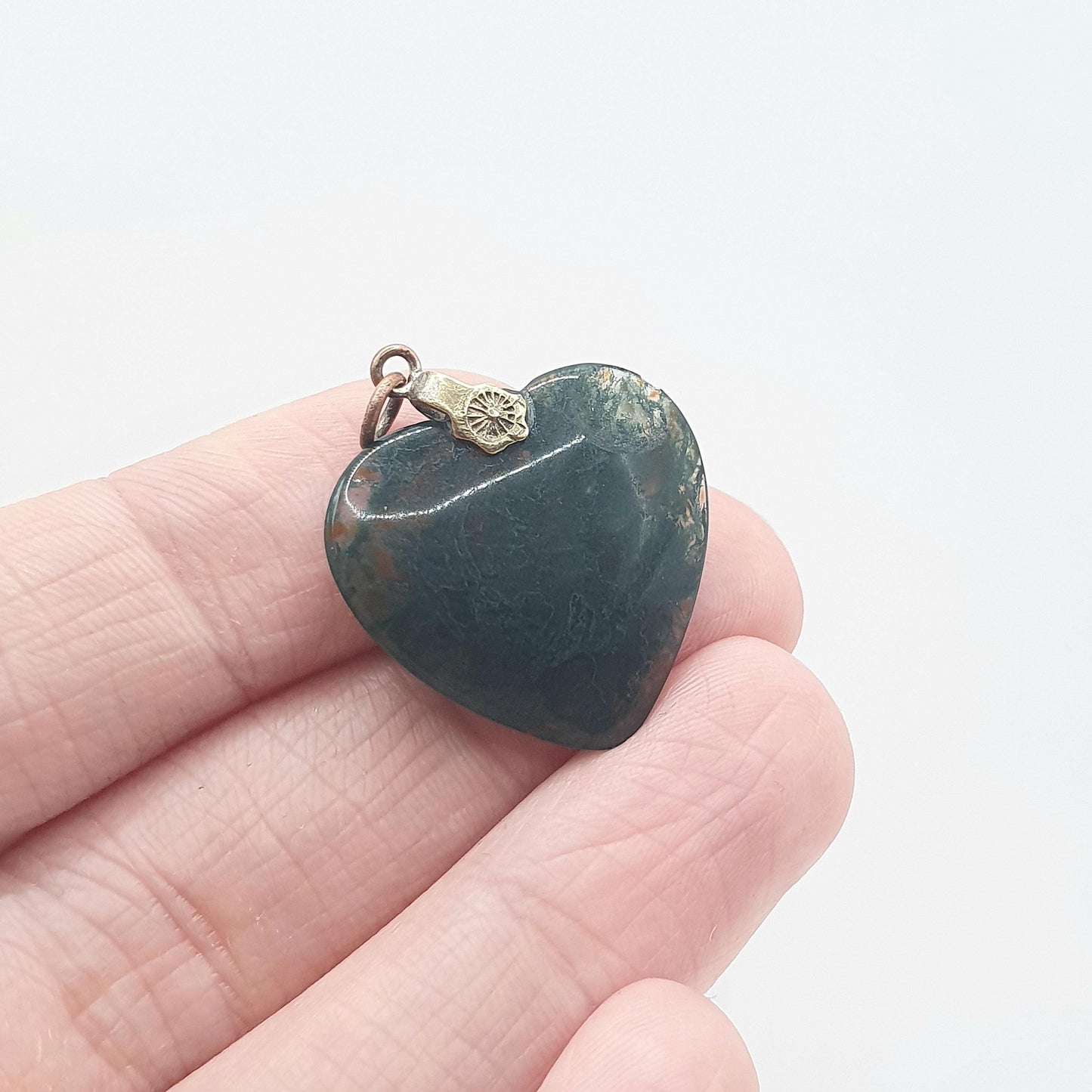 Antique Art Deco Moss Agate Heart Pendant Veined Quartz Gemstone Women’s Mens Unisex Vintage Jewellery Necklace Jewelry