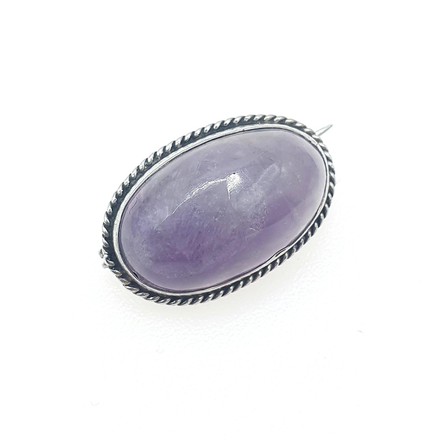 Antique Sterling Silver Natural Amethyst Brooch Cabochon Gemstone Lilac Purple Quartz Womens Jewelry Jewellery