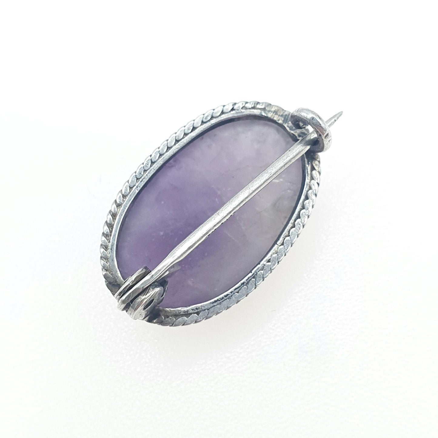 Antique Sterling Silver Natural Amethyst Brooch Cabochon Gemstone Lilac Purple Quartz Womens Jewelry Jewellery