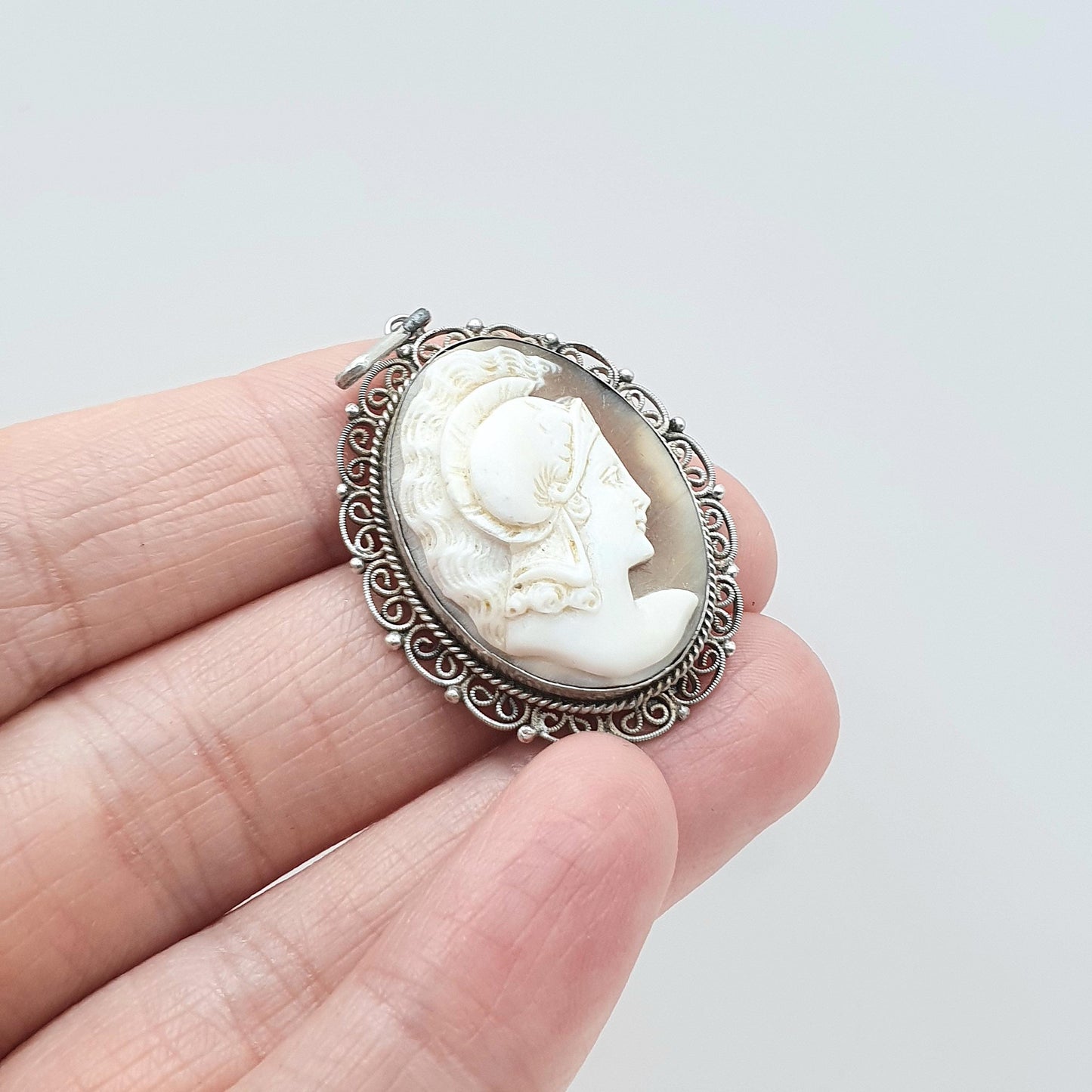 Antique Solid Silver Centurion Cameo Pendant Necklace Roman Soldier Filigree Border Handcarved Shell Vintage Women’s Jewellery Jewelry Men’s