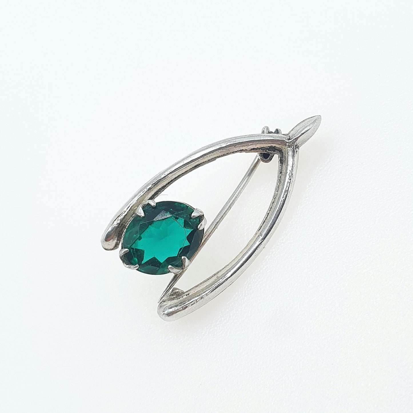 Antique Solid Silver Wishbone Brooch Emerald Paste Green Thanksgiving Good Luck Lucky Jewelry Jewellery Womens Mens Unisex