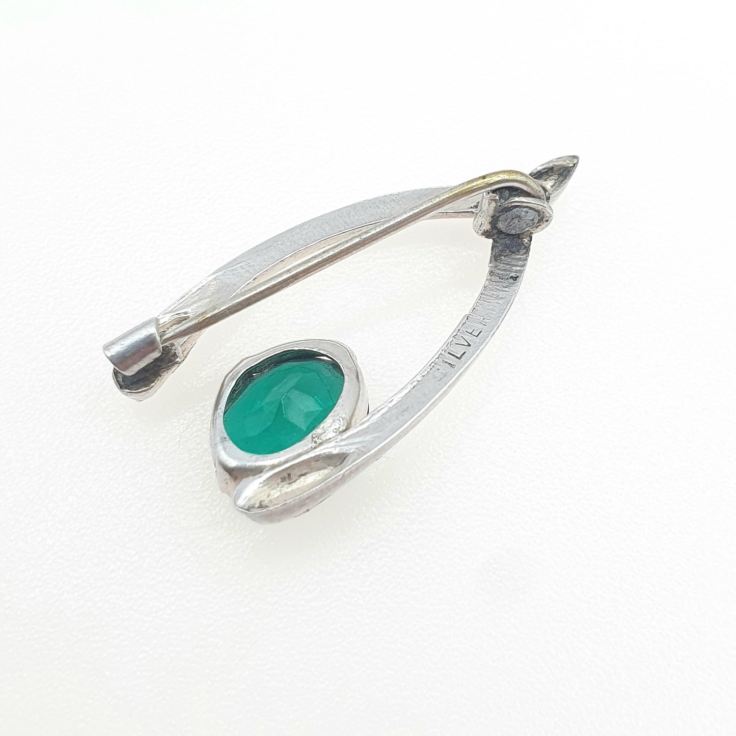 Antique Solid Silver Wishbone Brooch Emerald Paste Green Thanksgiving Good Luck Lucky Jewelry Jewellery Womens Mens Unisex