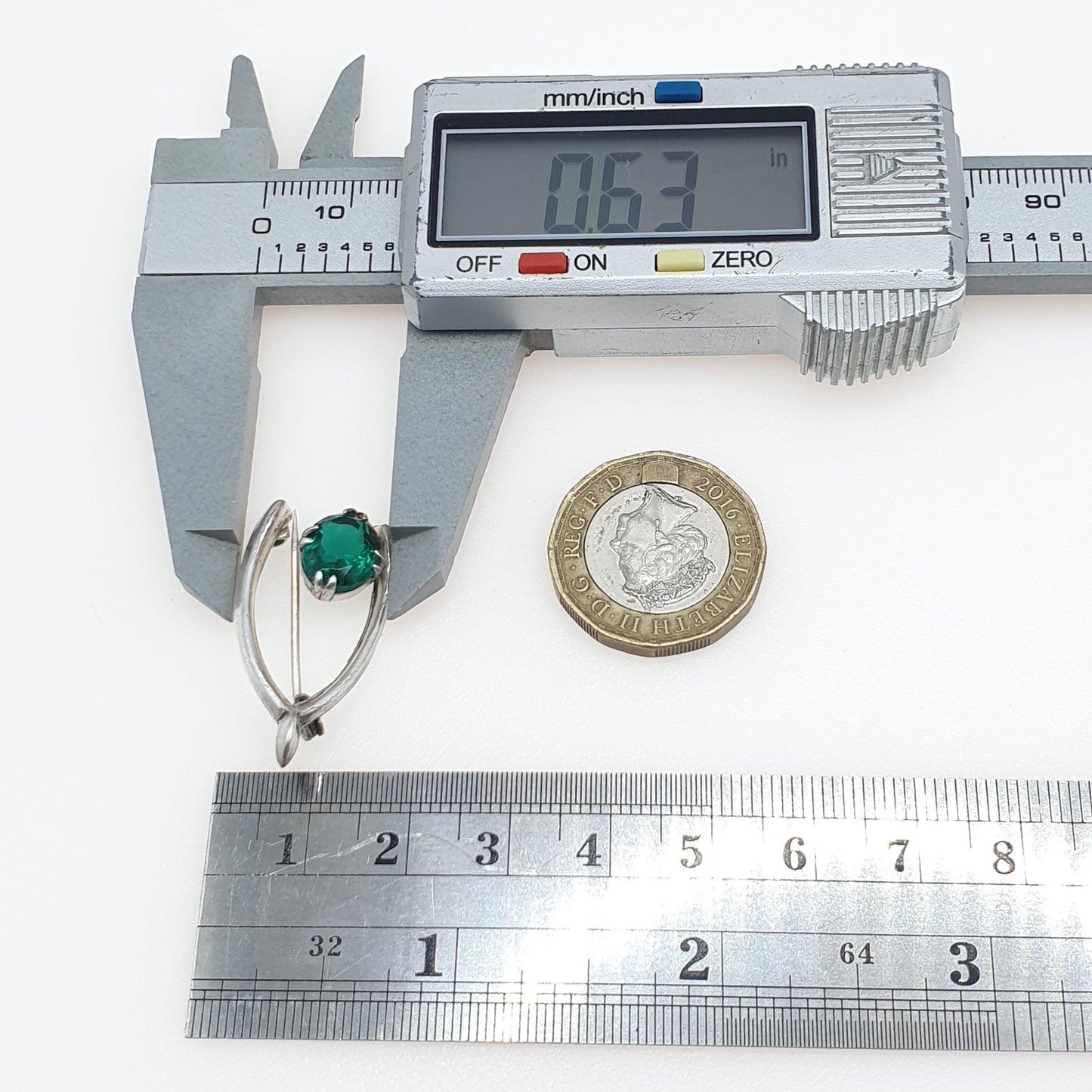 Antique Solid Silver Wishbone Brooch Emerald Paste Green Thanksgiving Good Luck Lucky Jewelry Jewellery Womens Mens Unisex