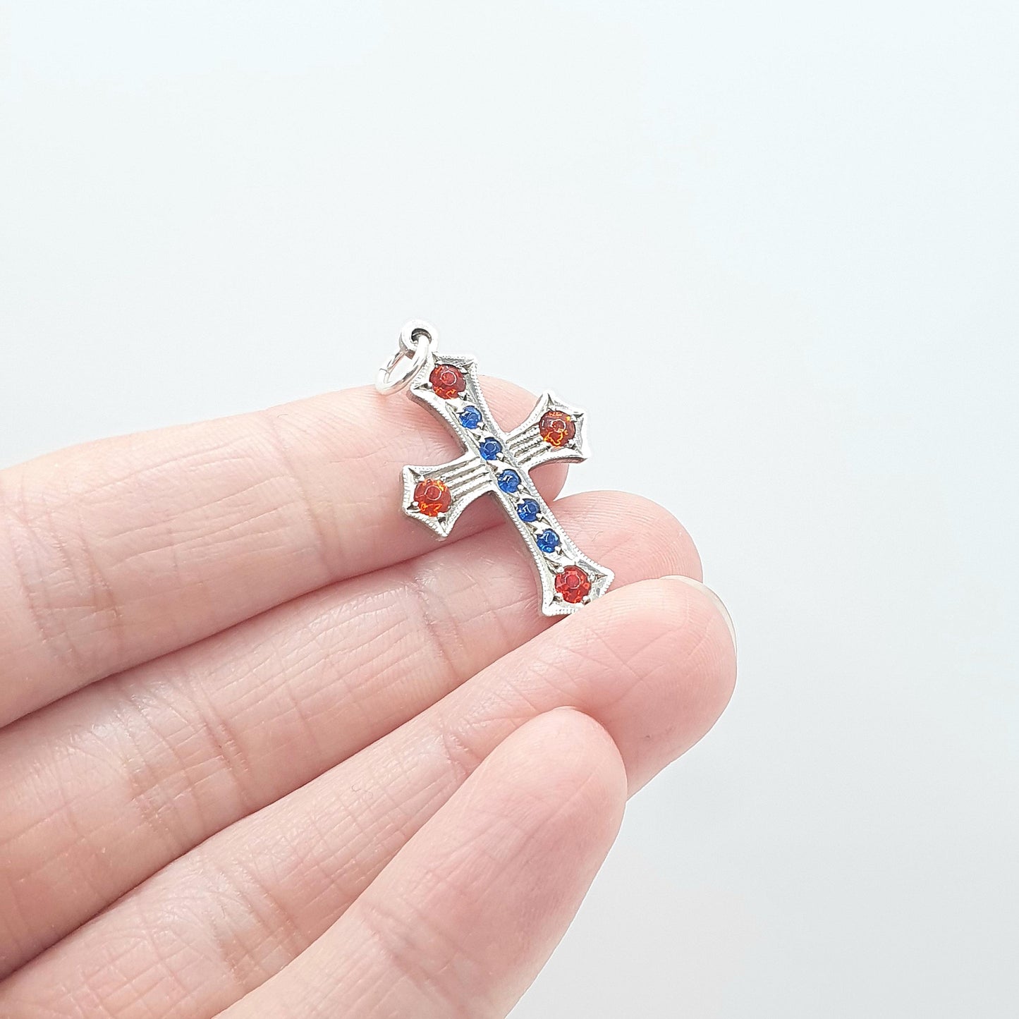 Antique Sterling Silver Ruby & Sapphire Paste Crucifix Necklace Pendant Cross Glass Vintage Womens Jewellery Jewelry