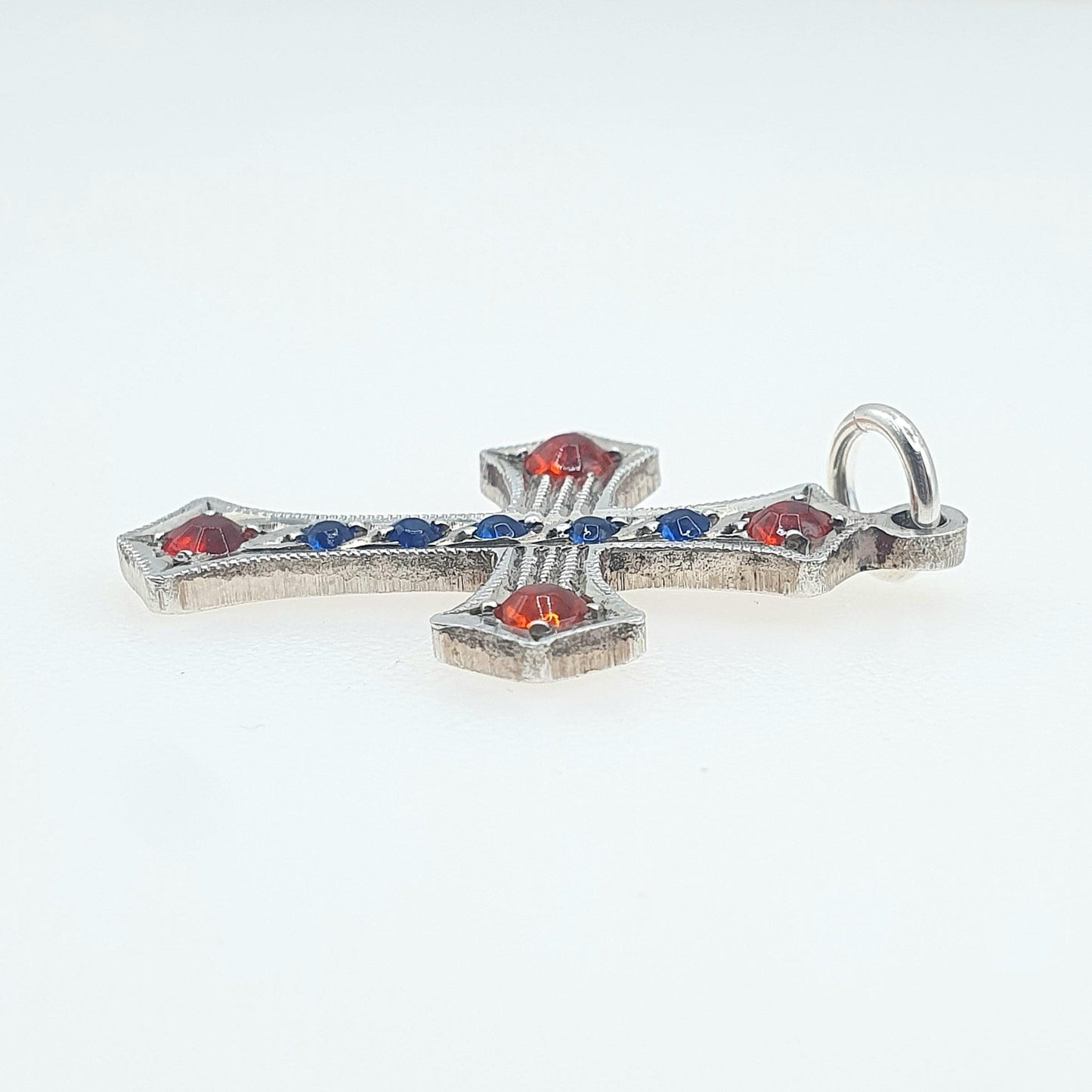 Antique Sterling Silver Ruby & Sapphire Paste Crucifix Necklace Pendant Cross Glass Vintage Womens Jewellery Jewelry