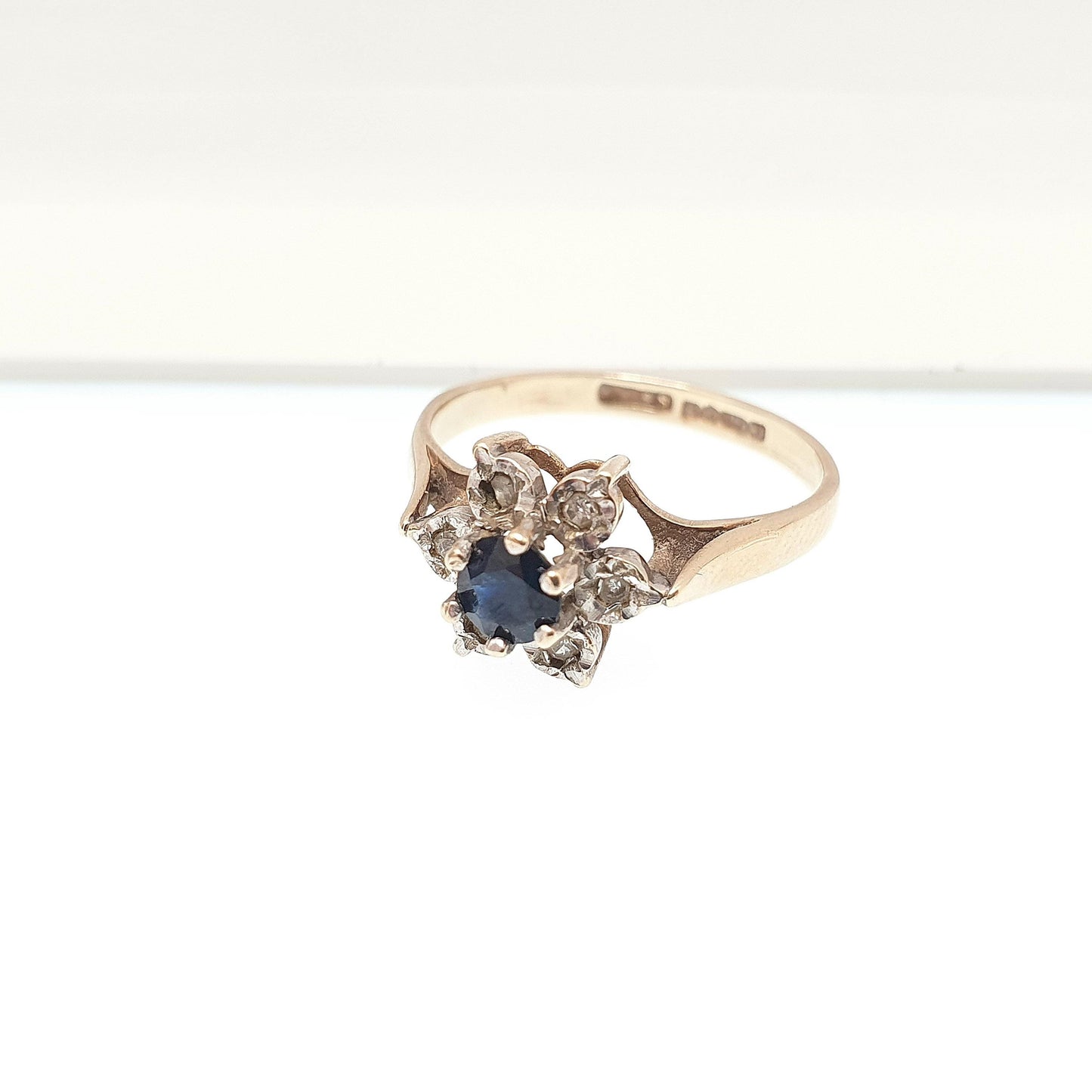 Vintage Sapphire & Diamond 9ct 9k Gold Ring Flower Star Cluster Solid 9kt Genuine Gemstone Retro Jewelry Jewellery