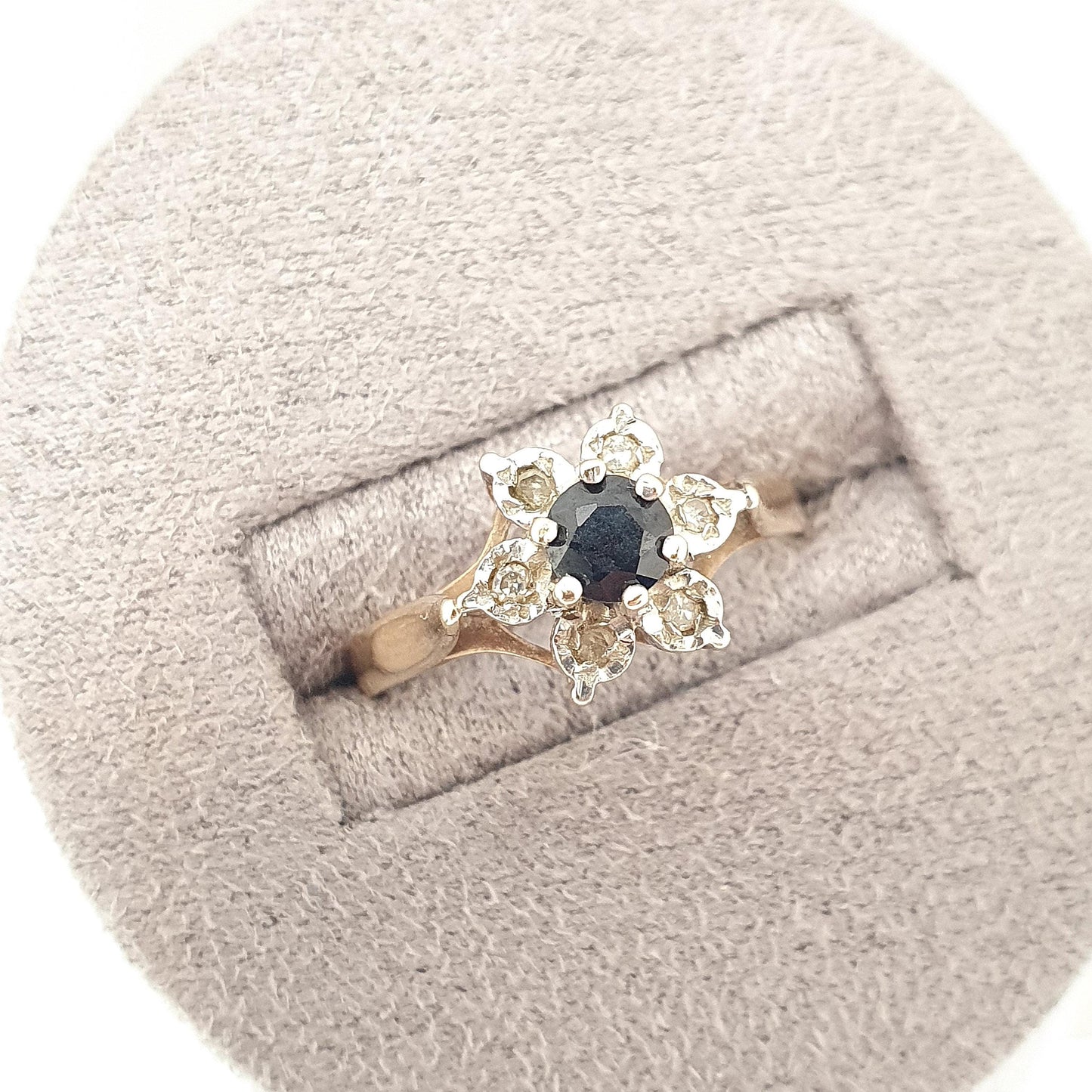 Vintage Sapphire & Diamond 9ct 9k Gold Ring Flower Star Cluster Solid 9kt Genuine Gemstone Retro Jewelry Jewellery
