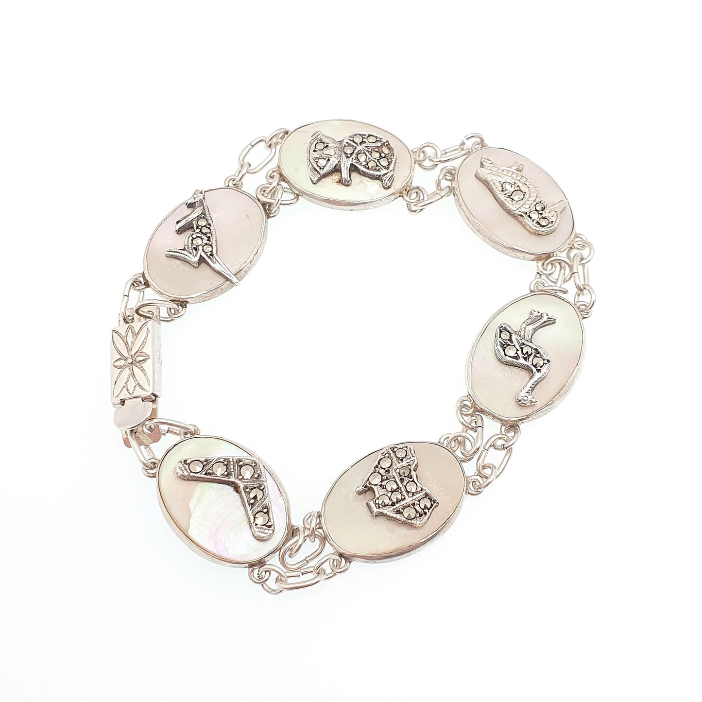 Antique Australian Sterling Silver Marcasite Bracelet Kangaroo Boomerang Emu Australia Art Deco Mother of Pearl 1920s Jewelry Jewellery