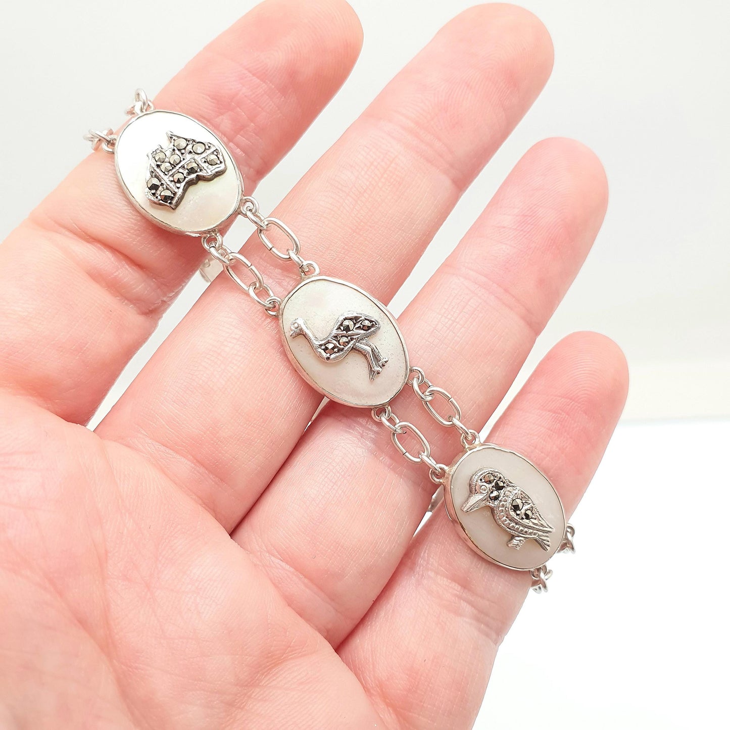 Antique Australian Sterling Silver Marcasite Bracelet Kangaroo Boomerang Emu Australia Art Deco Mother of Pearl 1920s Jewelry Jewellery