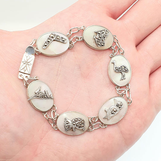 Antique Australian Sterling Silver Marcasite Bracelet Kangaroo Boomerang Emu Australia Art Deco Mother of Pearl 1920s Jewelry Jewellery