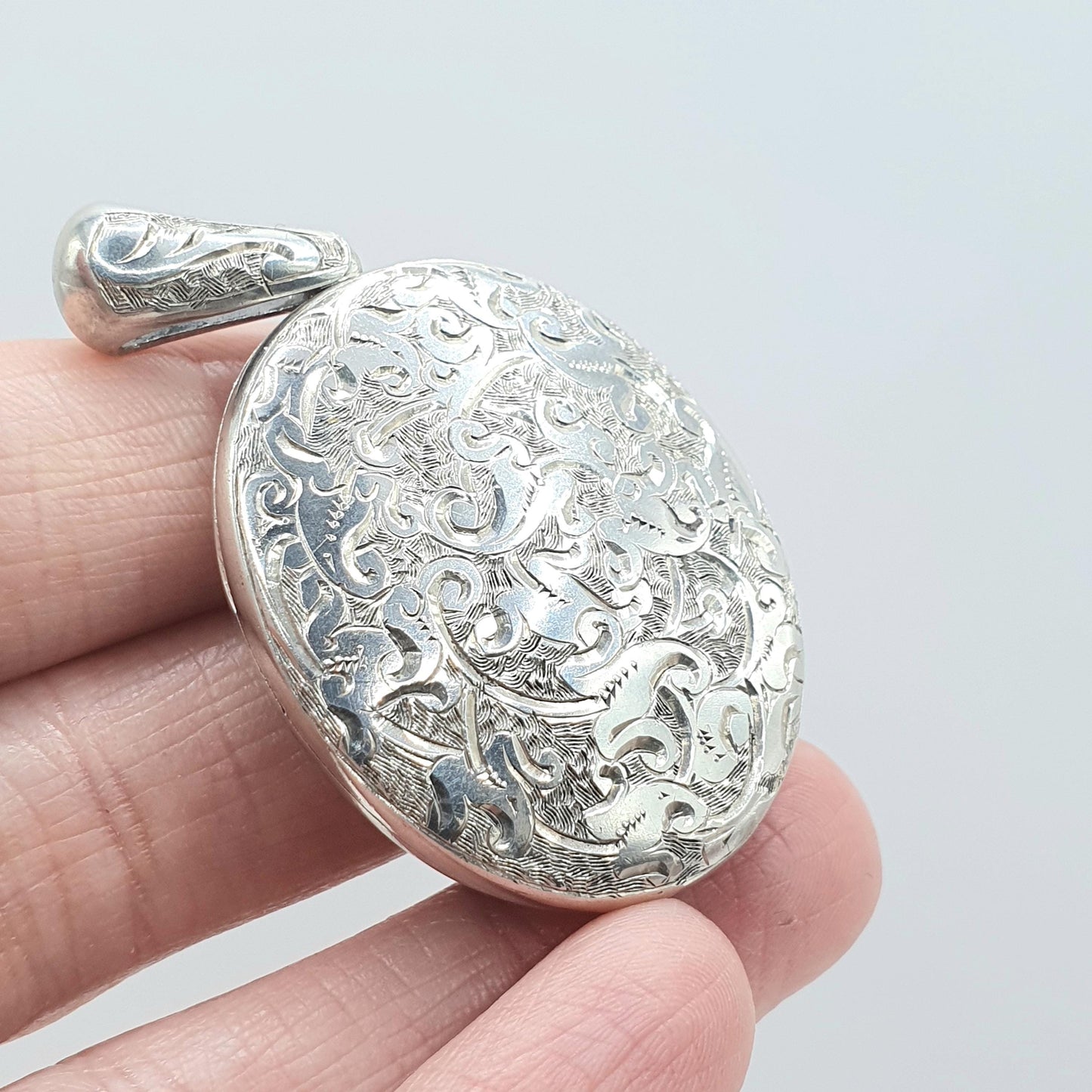 Antique Victorian Solid Silver Locket Large Oval Hand Engraved on Both Sides Photo Picture Vintage Womens Jewelry Jewellery