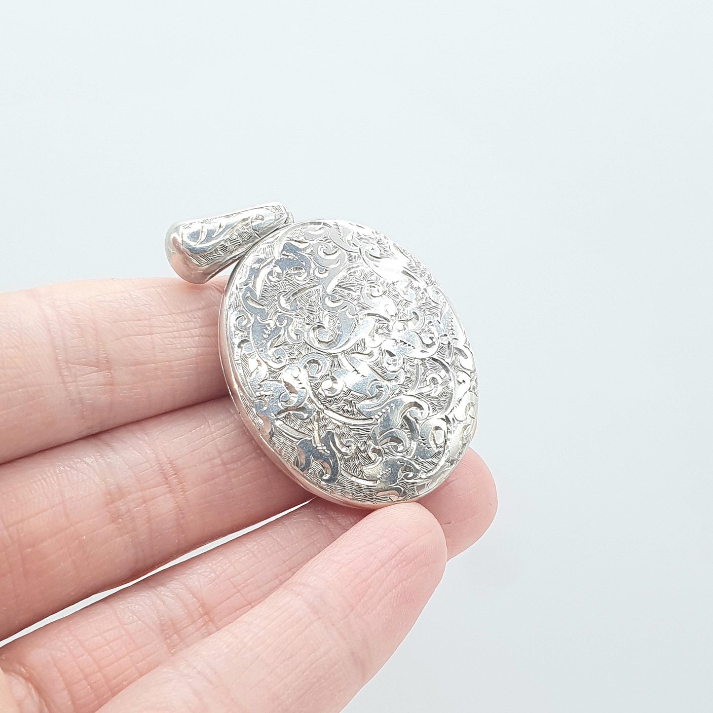 Antique Victorian Solid Silver Locket Large Oval Hand Engraved on Both Sides Photo Picture Vintage Womens Jewelry Jewellery