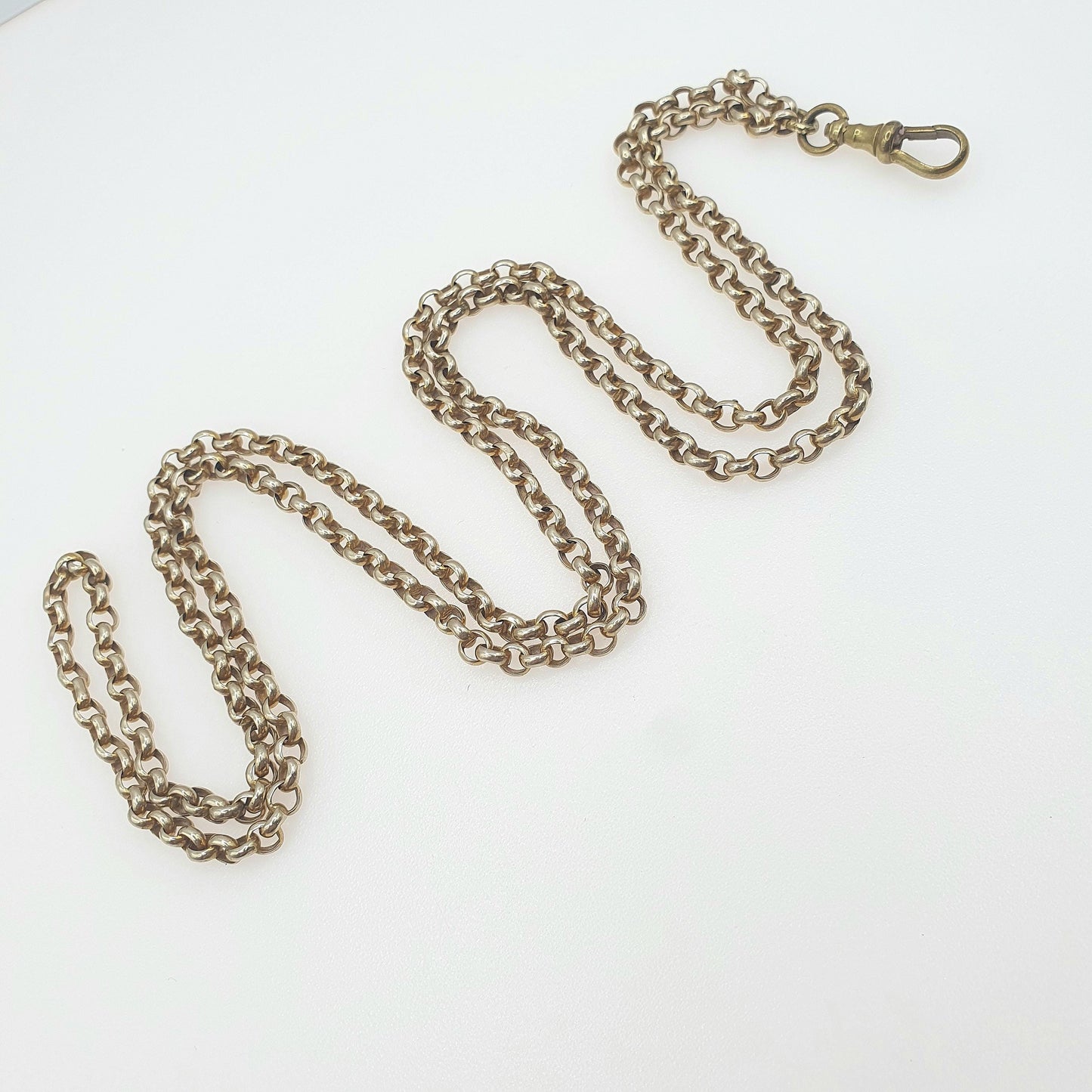 Antique Victorian Rolled Gold Muff Chain Necklace Dog Clip Guard Chain Belcher Link 25.39g 84cm Long Vintage Men’s Women’s Jewellery Jewelry