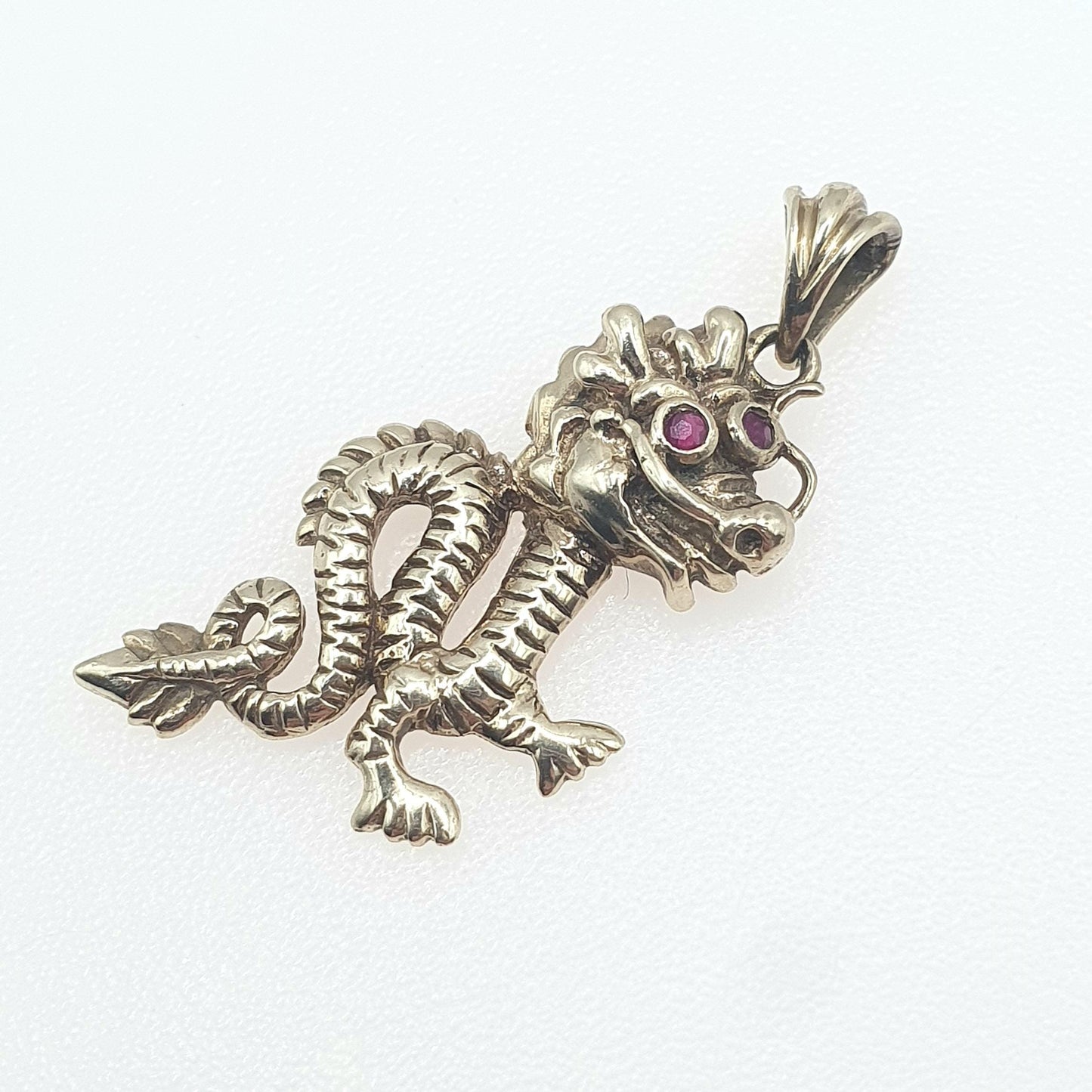 Vintage 9ct Gold Dragon Pendant Ruby Eyes Chinese Dragon Solid 9k 9kt Genuine Rubies Red Gemstone Jewelry Jewellery