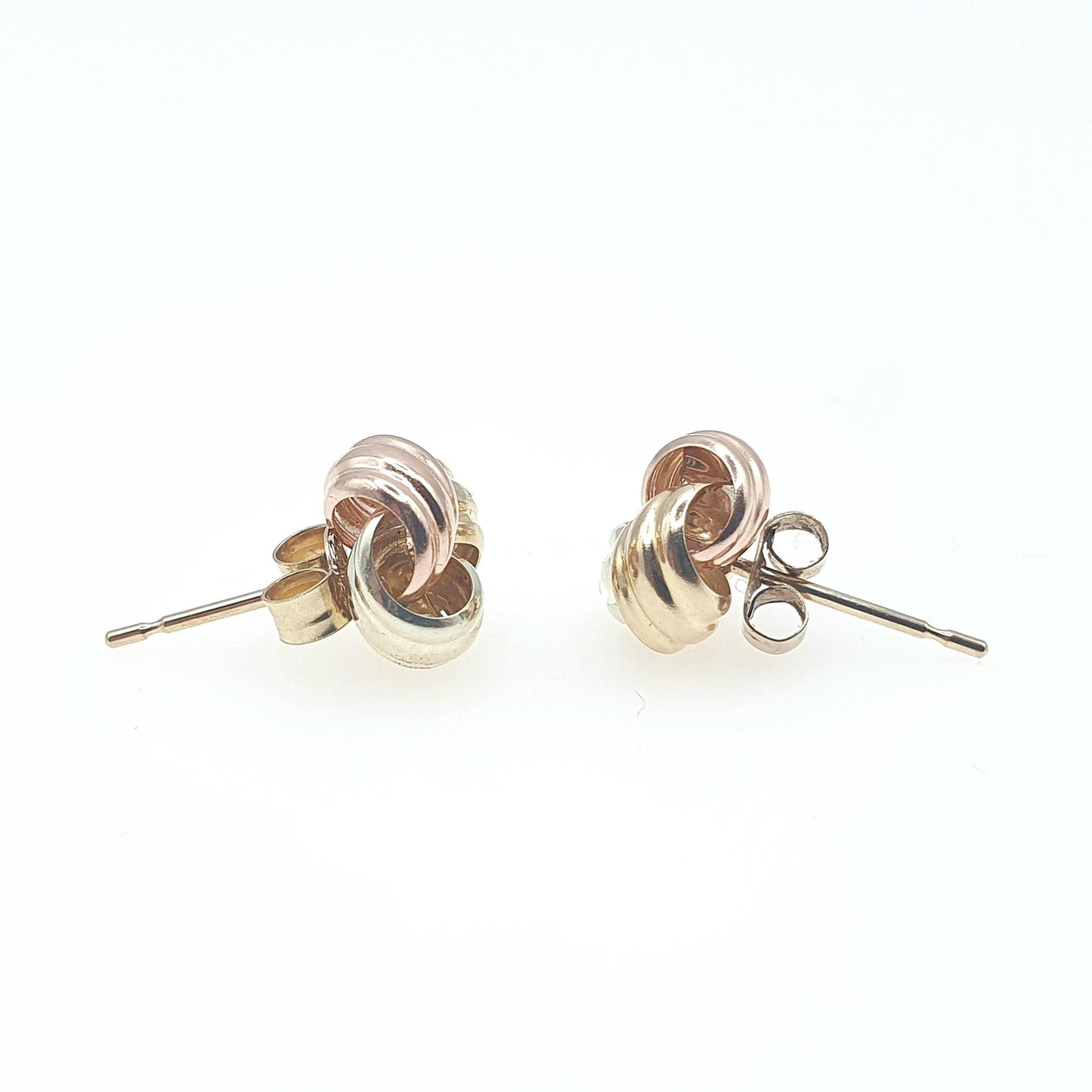 Vintage 9ct Tri Colour Gold Knot Stud Earrings Three Tone Gold Retro Twisted Woven Rose Yellow White Gift Womens Jewelry Jewellery