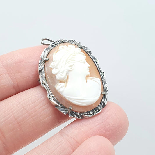 Old Vintage Solid Silver Cameo Pendant Brooch Necklace Marcasite 1950’s Hand Carved Shell Unisex Jewelry Womens Jewellery
