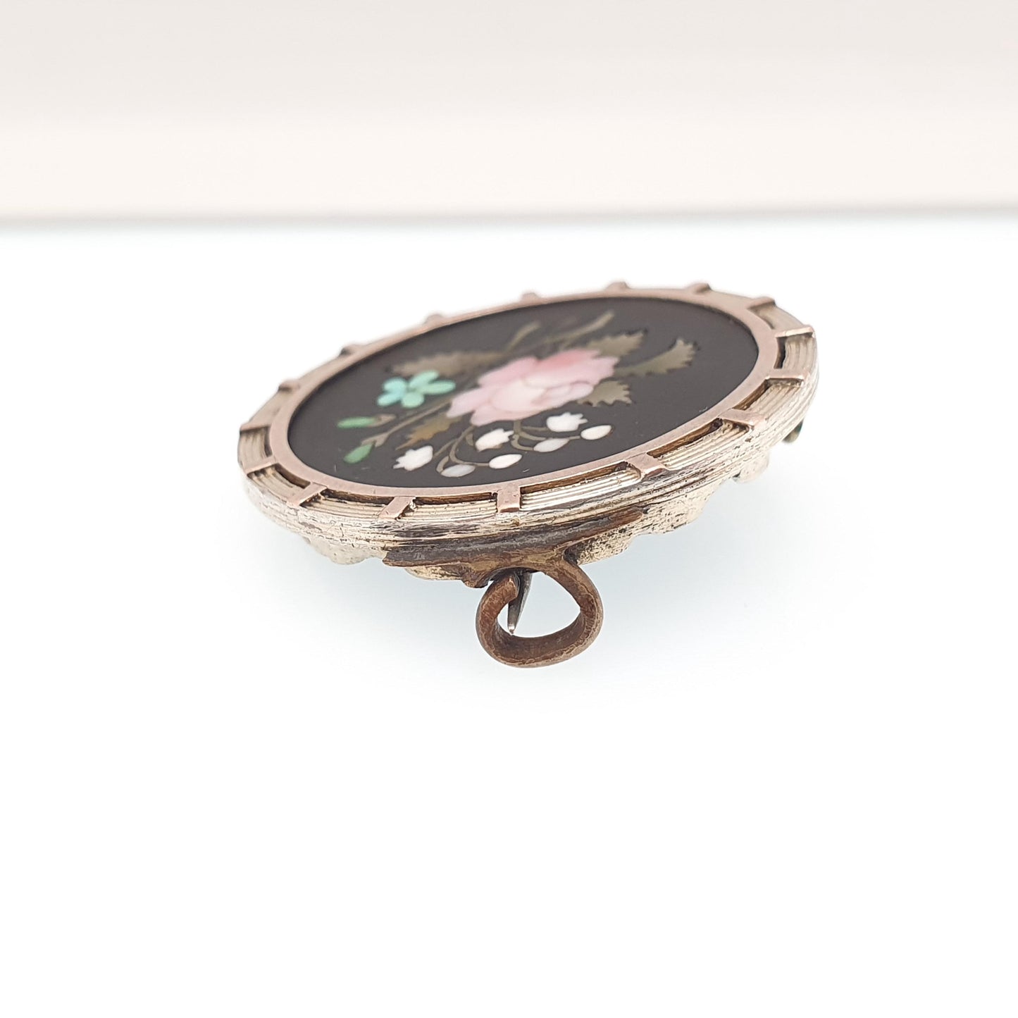 Antique Solid Silver Pietra Dura Brooch Gold Vermeil Gemstone Mosaic Italian Handmade Pin Vintage Womens Jewellery Jewelry