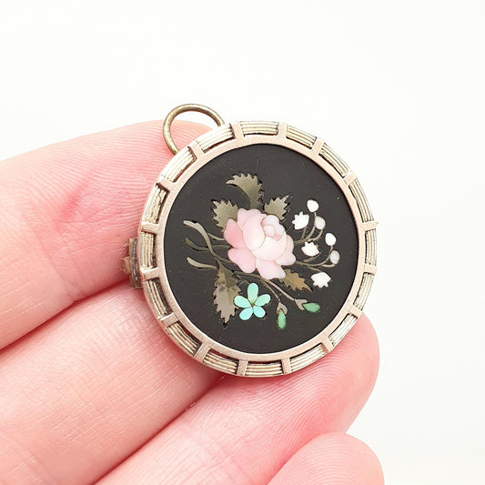 Antique Solid Silver Pietra Dura Brooch Gold Vermeil Gemstone Mosaic Italian Handmade Pin Vintage Womens Jewellery Jewelry