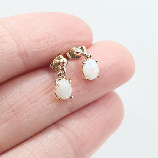 Vintage 9ct Gold Opal Earrings Stud and Drop Oval Cabochon Fire Gemstone Solid 9k 9kt Retro Womens Jewelry Jewellery
