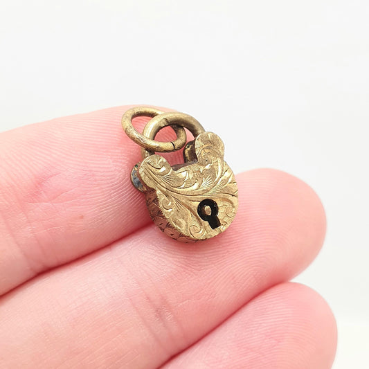 Antique Victorian Padlock Charm Necklace Pendant Gold Tone Hand Engraved Lock Vintage Womens Jewelry Jewellery