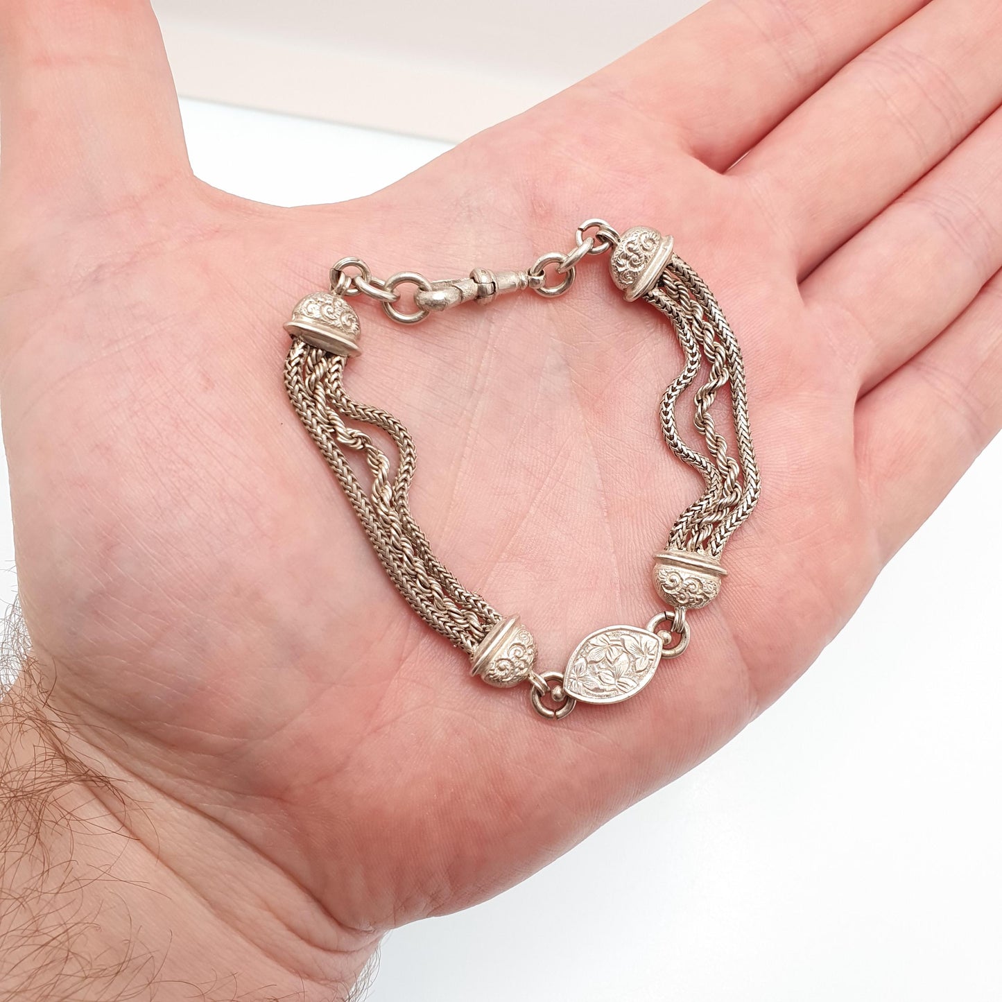 Antique Solid Silver Albertina Bracelet Victorian Engraved Centre Rope Link Chain 13.27g 19cm Vintage Womens Jewelry Jewellery