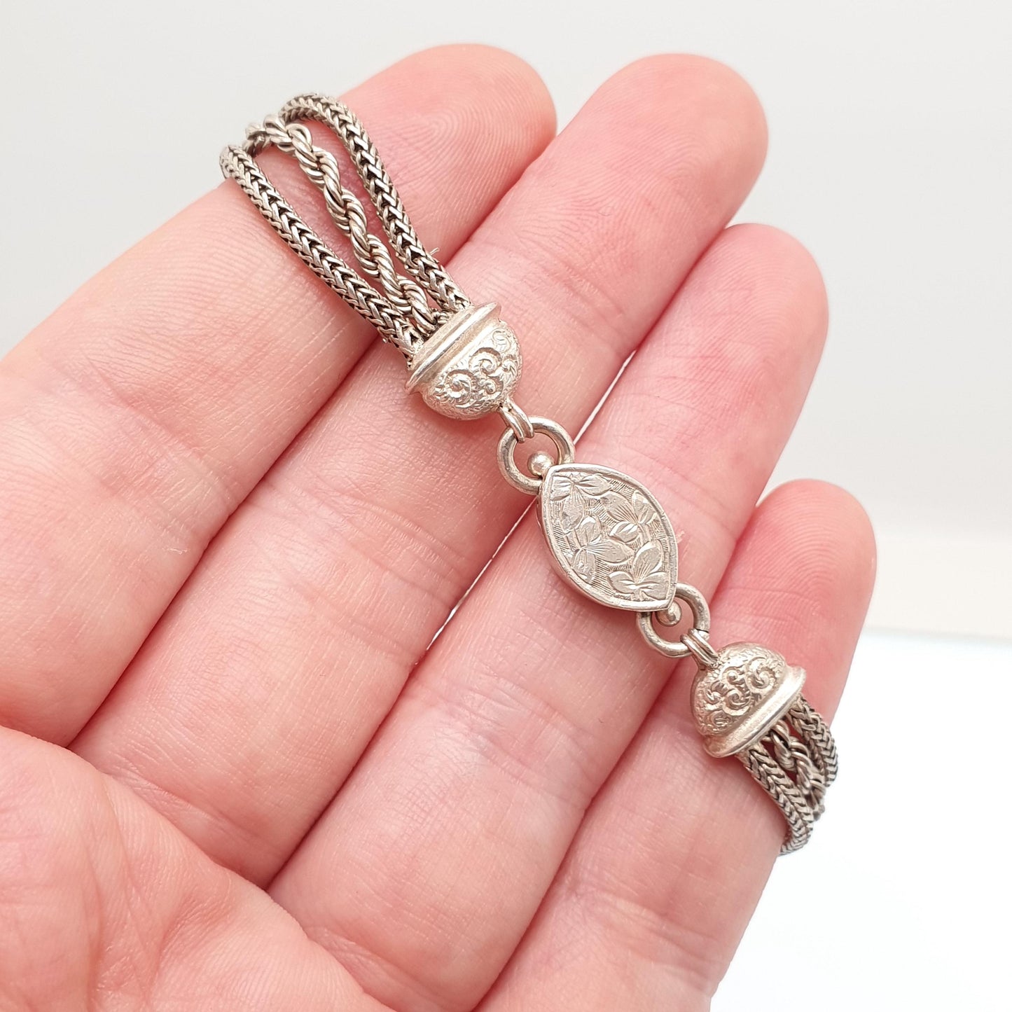 Antique Solid Silver Albertina Bracelet Victorian Engraved Centre Rope Link Chain 13.27g 19cm Vintage Womens Jewelry Jewellery