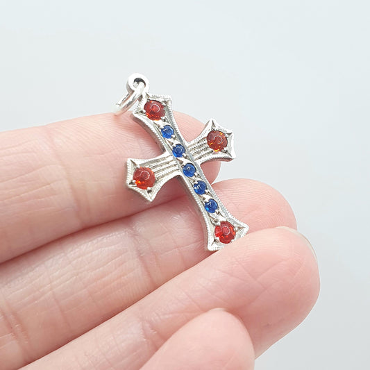 Antique Sterling Silver Ruby & Sapphire Paste Crucifix Necklace Pendant Cross Glass Vintage Womens Jewellery Jewelry