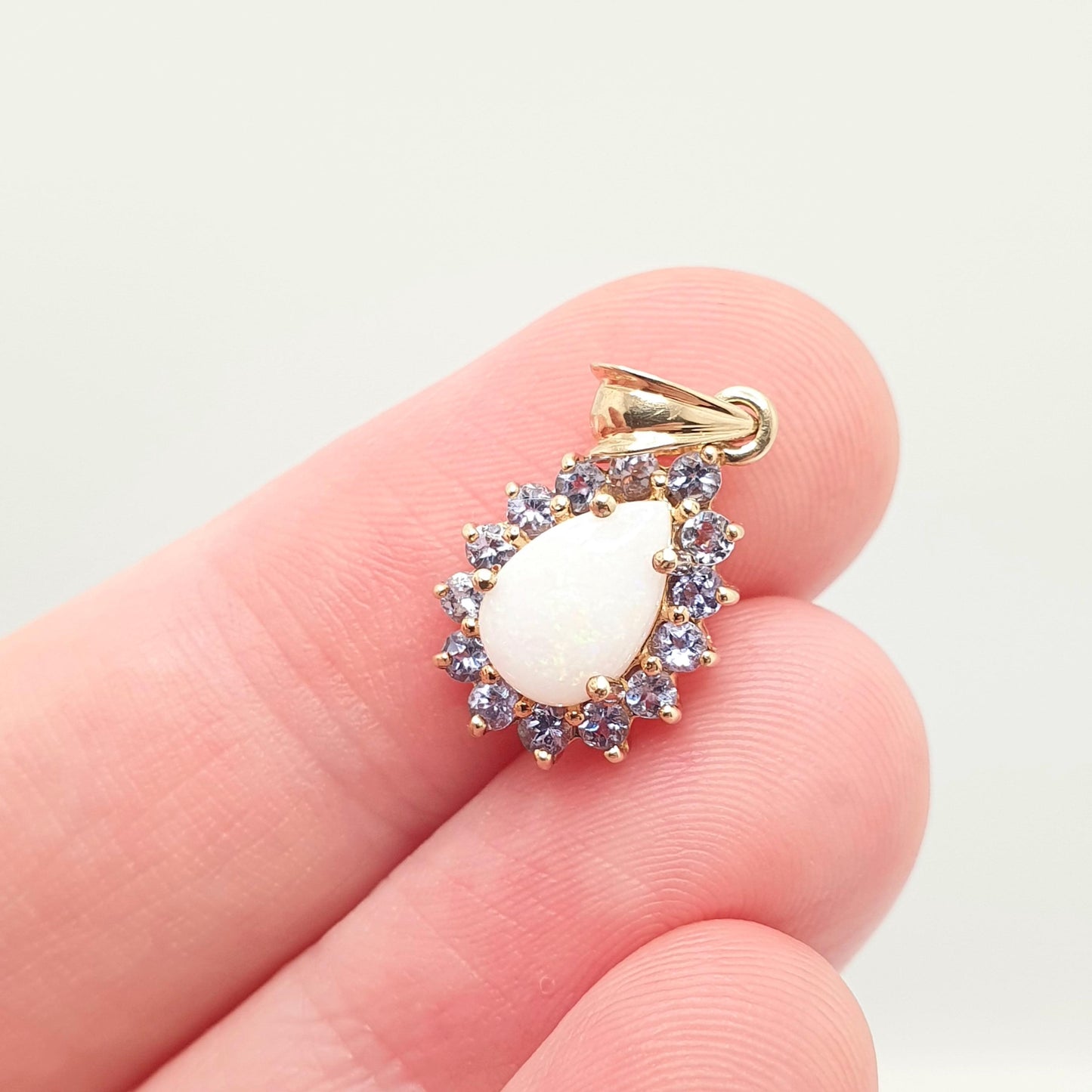 Vintage 9k 9ct Gold Opal & Tanzanite Pendant Solid 375 9kt Necklace Pear Cut Sparkly Womens Jewelry Jewellery