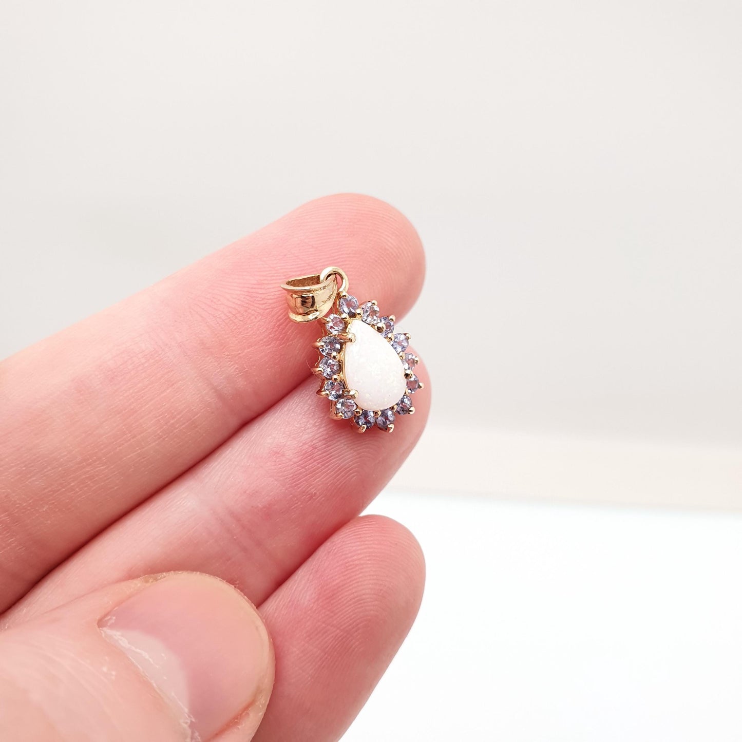 Vintage 9k 9ct Gold Opal & Tanzanite Pendant Solid 375 9kt Necklace Pear Cut Sparkly Womens Jewelry Jewellery