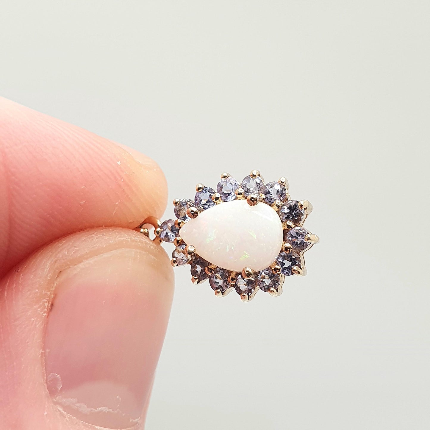 Vintage 9k 9ct Gold Opal & Tanzanite Pendant Solid 375 9kt Necklace Pear Cut Sparkly Womens Jewelry Jewellery