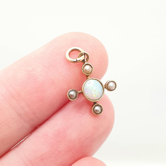 Antique 15ct Gold Opal & Pearl Necklace Pendant Cross Cruciform Solid 625 15 Carat Vintage Natural Gemstones Jewelry Jewellery