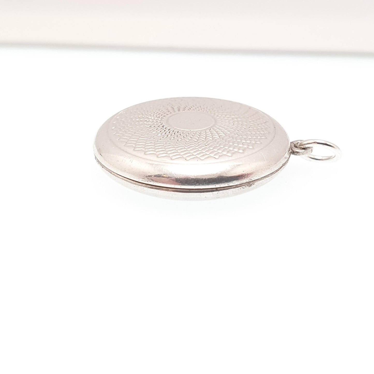 Antique Sterling Silver Locket Round Engine Turned Geometric Pattern Round Circle Necklace Pendant Picture Photo Jewelry Vintage Jewellery