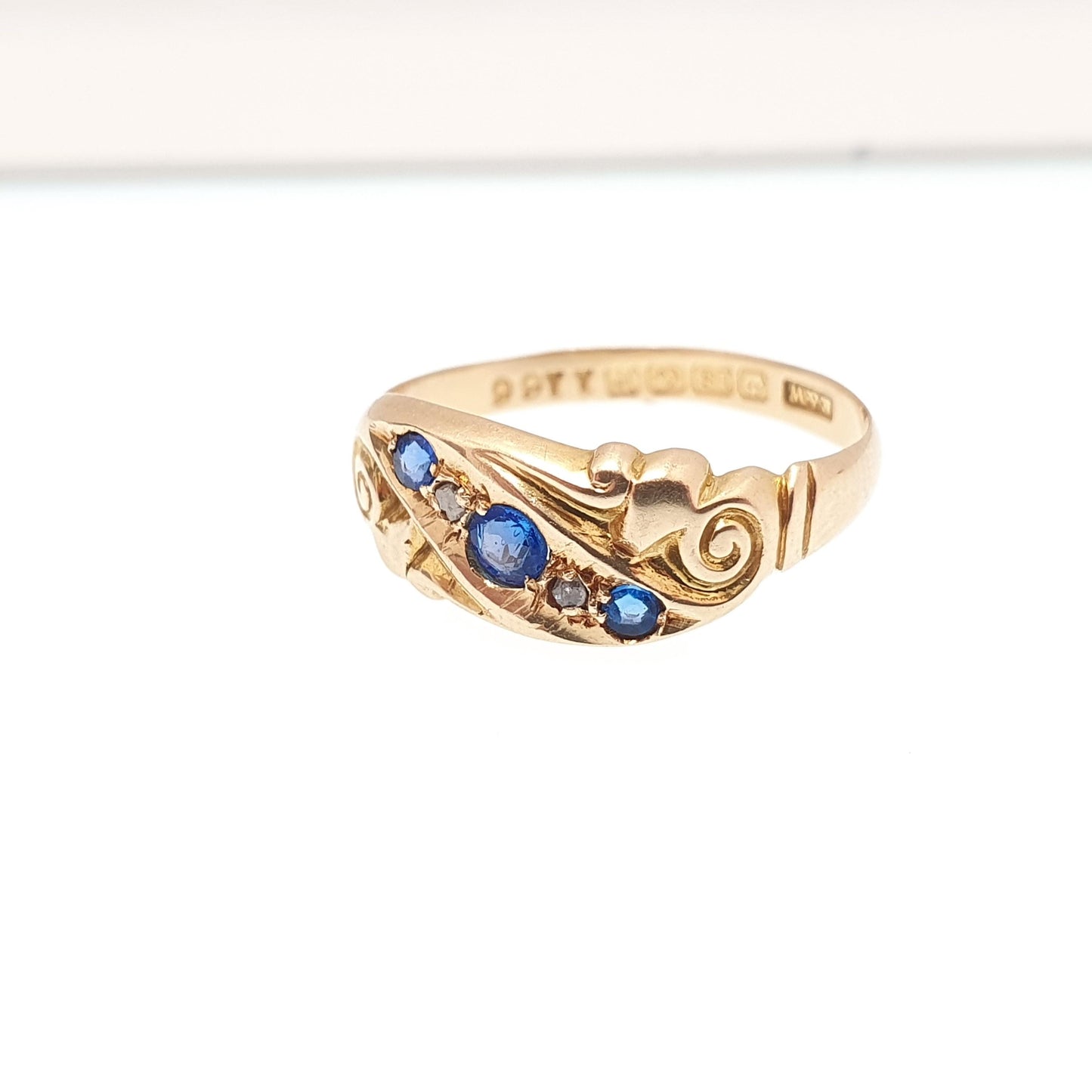 Antique 18ct 18k Gold Diamond & Sapphire Ring Solid 750 1916 Hallmark Scroll Five Gemstone Vintage Jewelry Jewellery