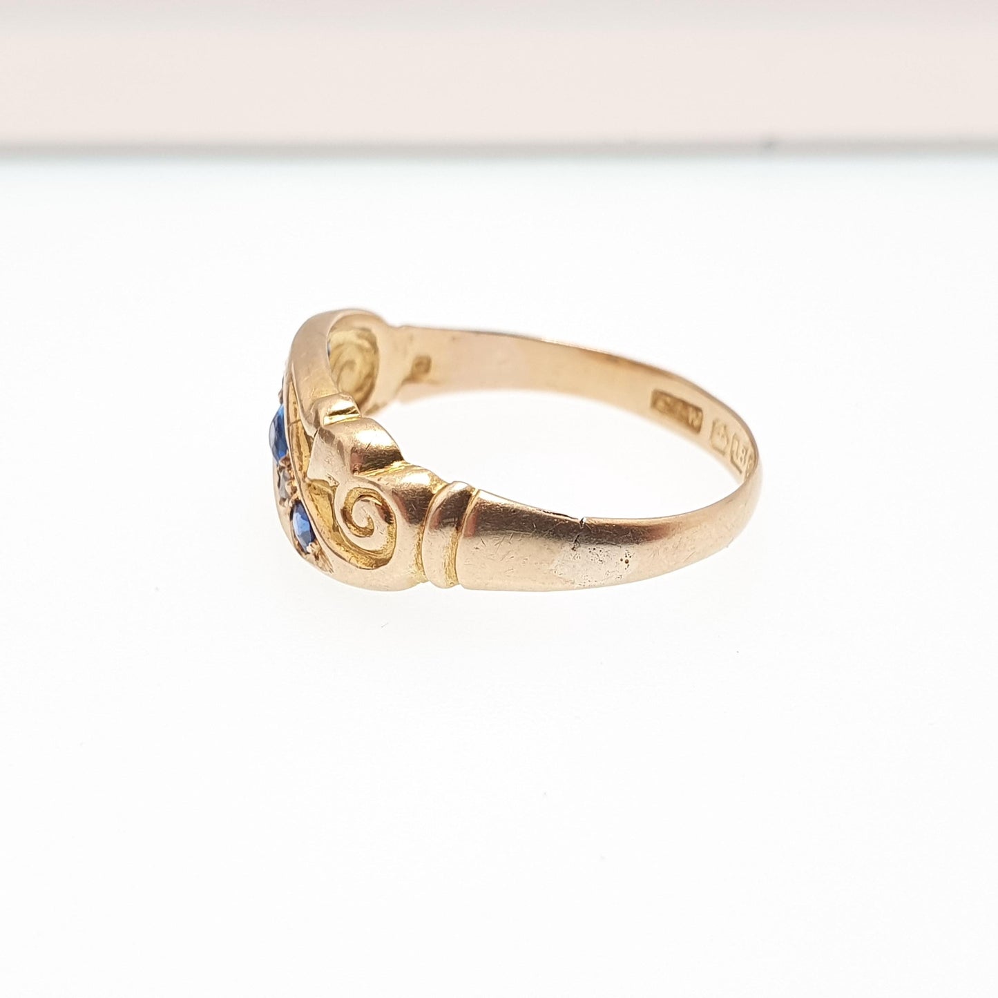 Antique 18ct 18k Gold Diamond & Sapphire Ring Solid 750 1916 Hallmark Scroll Five Gemstone Vintage Jewelry Jewellery