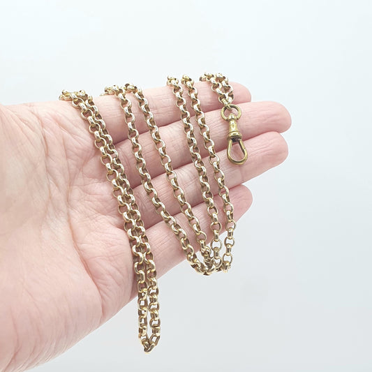 Antique Victorian Rolled Gold Muff Chain Necklace Dog Clip Guard Chain Belcher Link 25.39g 84cm Long Vintage Men’s Women’s Jewellery Jewelry