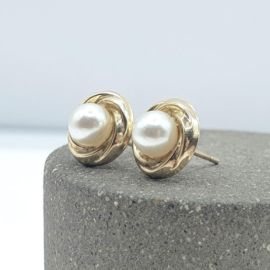Vintage 9ct Gold Simulated Pearl Stud Earrings Solid 9k 375 White Pearls Retro Womens Vintage Jewelry Jewellery Bead