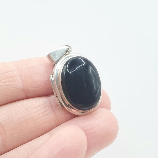Vintage Sterling Silver Onyx Locket Black Gemstone Centre Photo Necklace Jewelry Womens Mens Unisex Jewellery