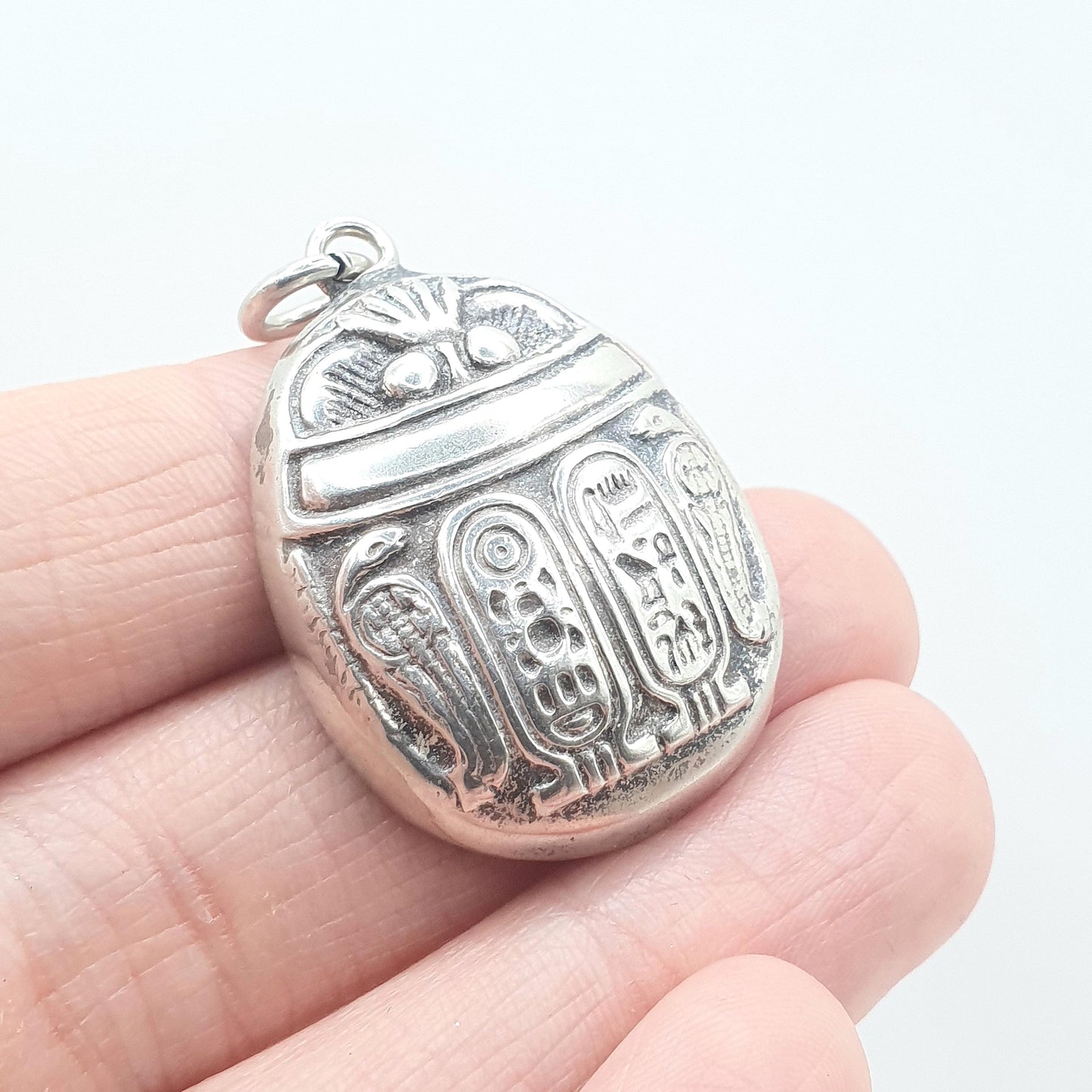 Vintage Solid Silver Scarab Beetle Pendant Snake & Hieroglyph Pattern Necklace Insect Bug Egyptian Mens Womens Jewelry