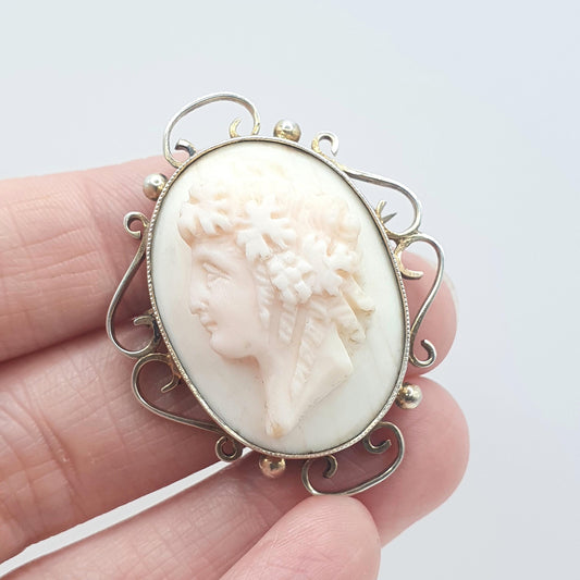 Antique Victorian Sterling Silver Gold Vermeil Cameo Brooch Pin Dionysius Greek God Vintage Womens Jewelry Jewellery