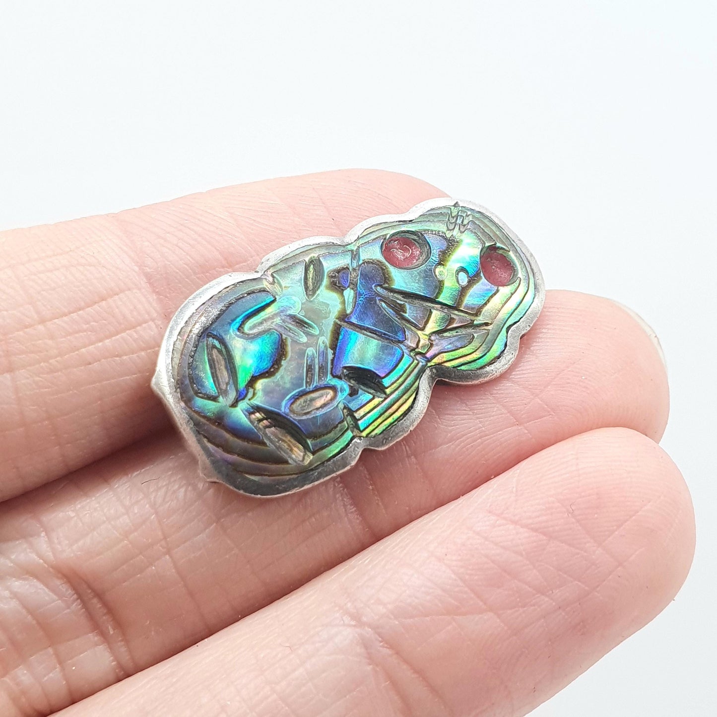 RESERVED/SOLD DON Antique Sterling Silver Tiki Brooch Abalone Shell New Zealand NZ Mother of Pearl Rainbow Iridescent Vintage Jewellery Jewelry