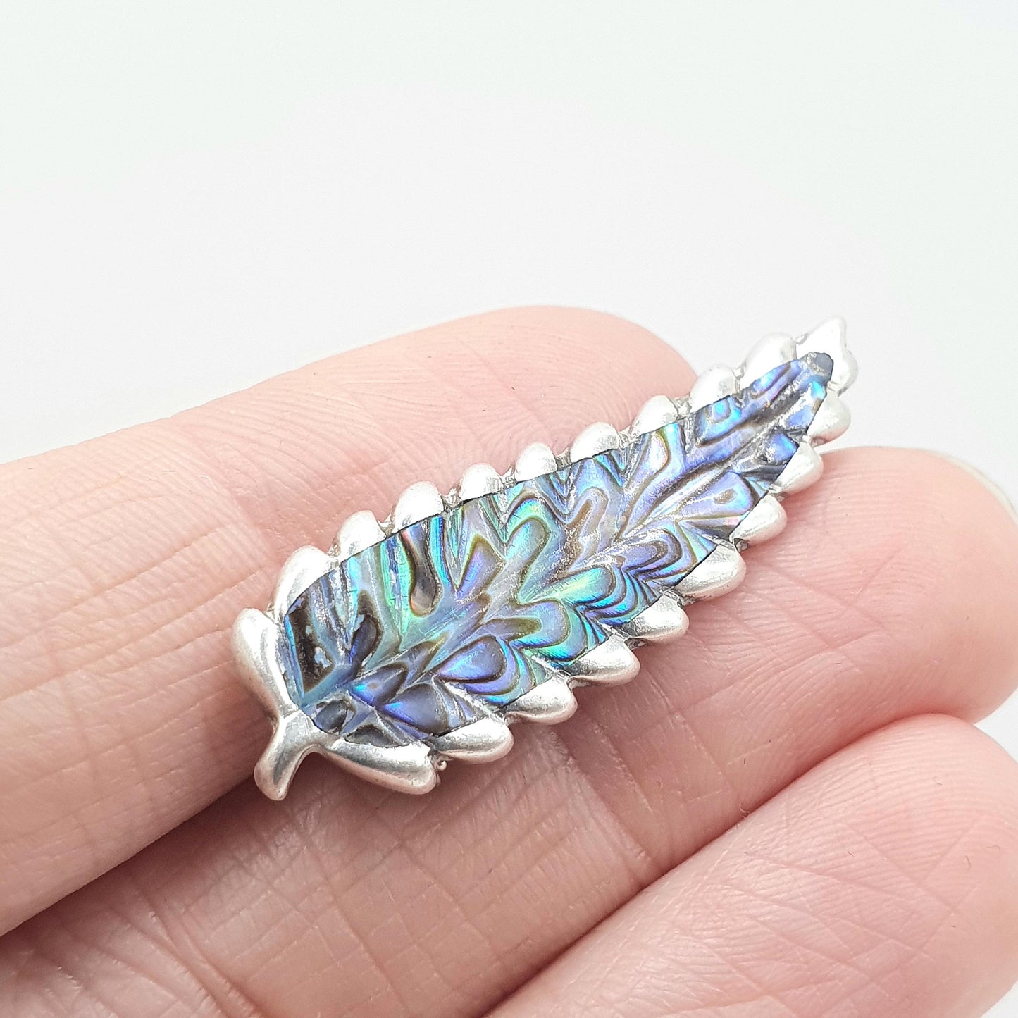 RESERVED/SOLD DON Old Vintage Sterling Silver Fern Brooch New Zealand Abalone Shell Maori Rainbow Leaf Blue Green