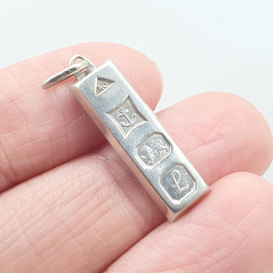 Vintage Sterling Silver Ingot Pendant Necklace 1985 Hallmark Small Bar Cute Tiny Solid 925 Jewellery Jewelry Mens Womens Retro Cute