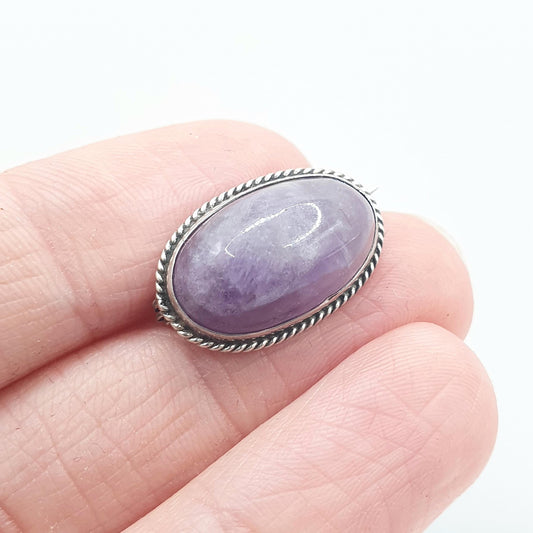 Antique Sterling Silver Natural Amethyst Brooch Cabochon Gemstone Lilac Purple Quartz Womens Jewelry Jewellery