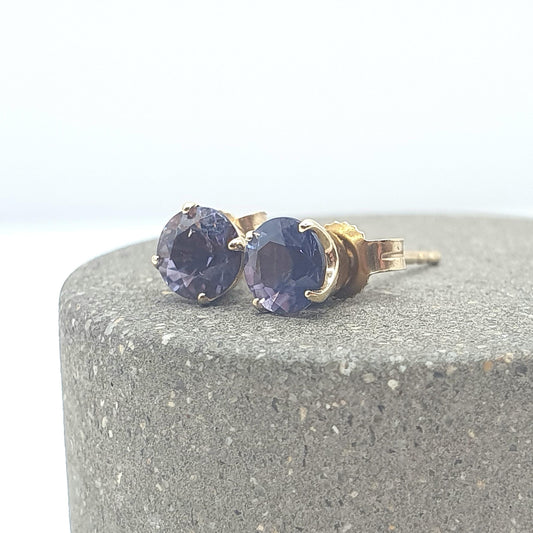Vintage 9ct Carat Gold Amethyst Stud Earrings Brilliant Cut Solitaire Petite Gemstone Elegant Ladies Womens Jewelry Retro Jewellery