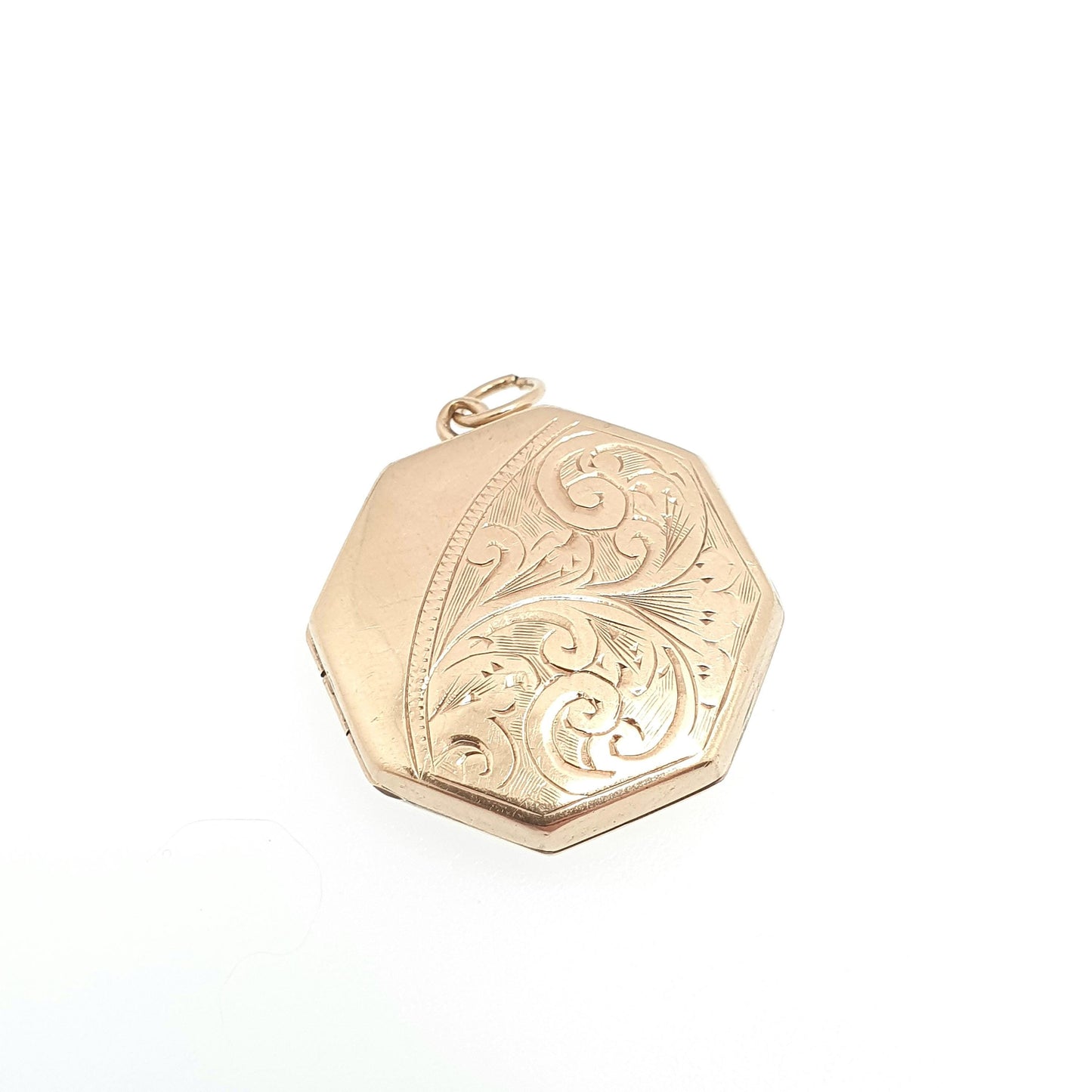 Antique 9ct 9k Gold Octagonal Locket Pendant Art Deco Engraved Solid 375 9kt Back & Front Picture Photo Vintage Necklace