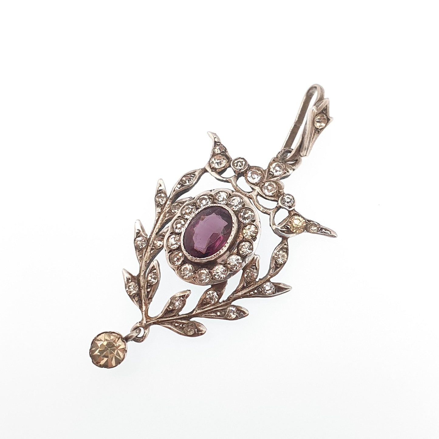 Antique Solid Silver Amethyst & Diamond Paste Pendant Necklace Art Nouveau Rare Vintage Womens Jewellery Jewelry