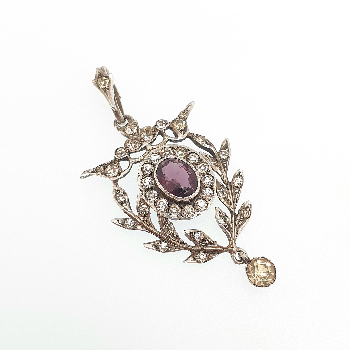 Antique Solid Silver Amethyst & Diamond Paste Pendant Necklace Art Nouveau Rare Vintage Womens Jewellery Jewelry