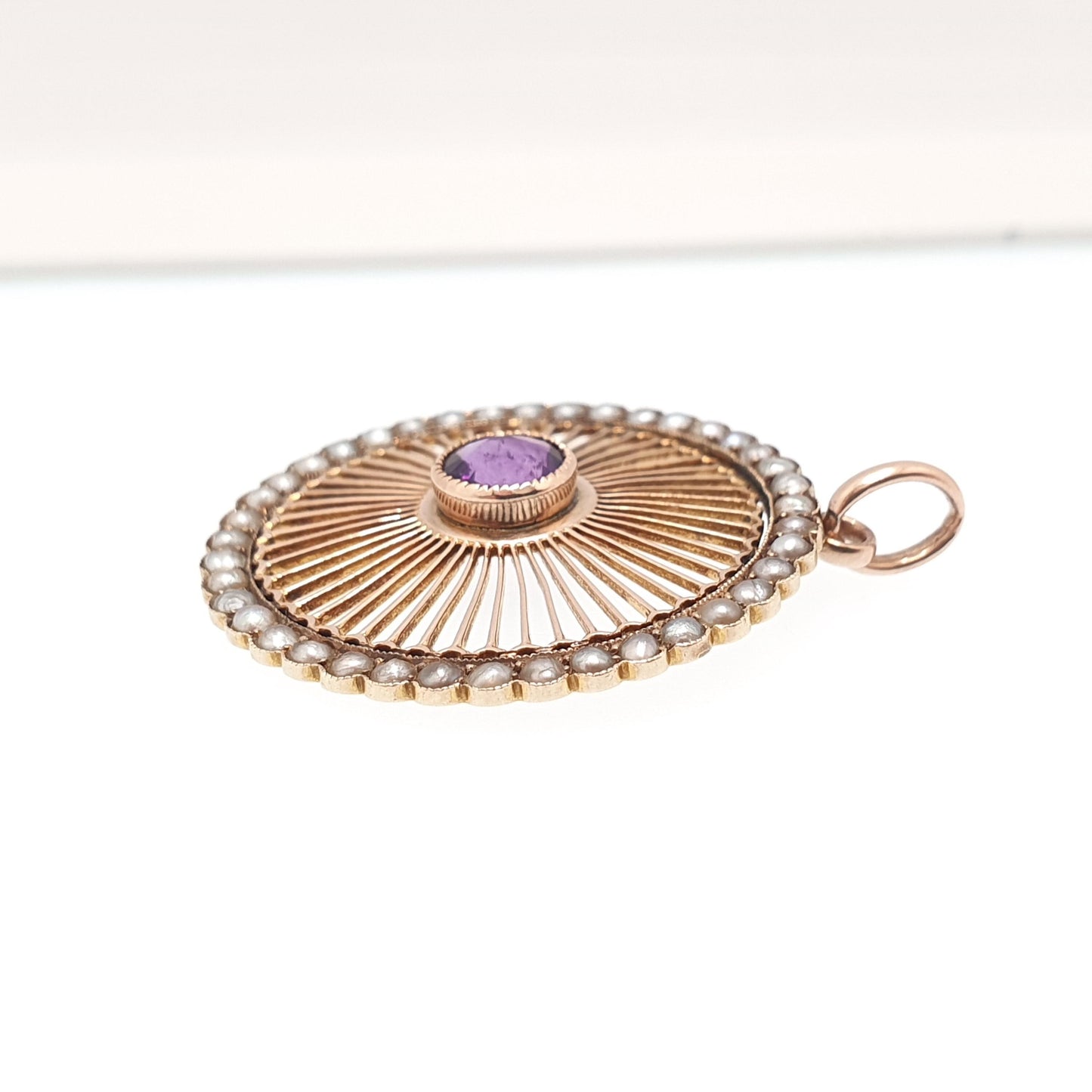 Antique 9ct 9k Gold Amethyst Pendant Wheel Necklace Seed Pearl Edwardian Spiral Swirl Openwork Vintage Jewellery Jewelry