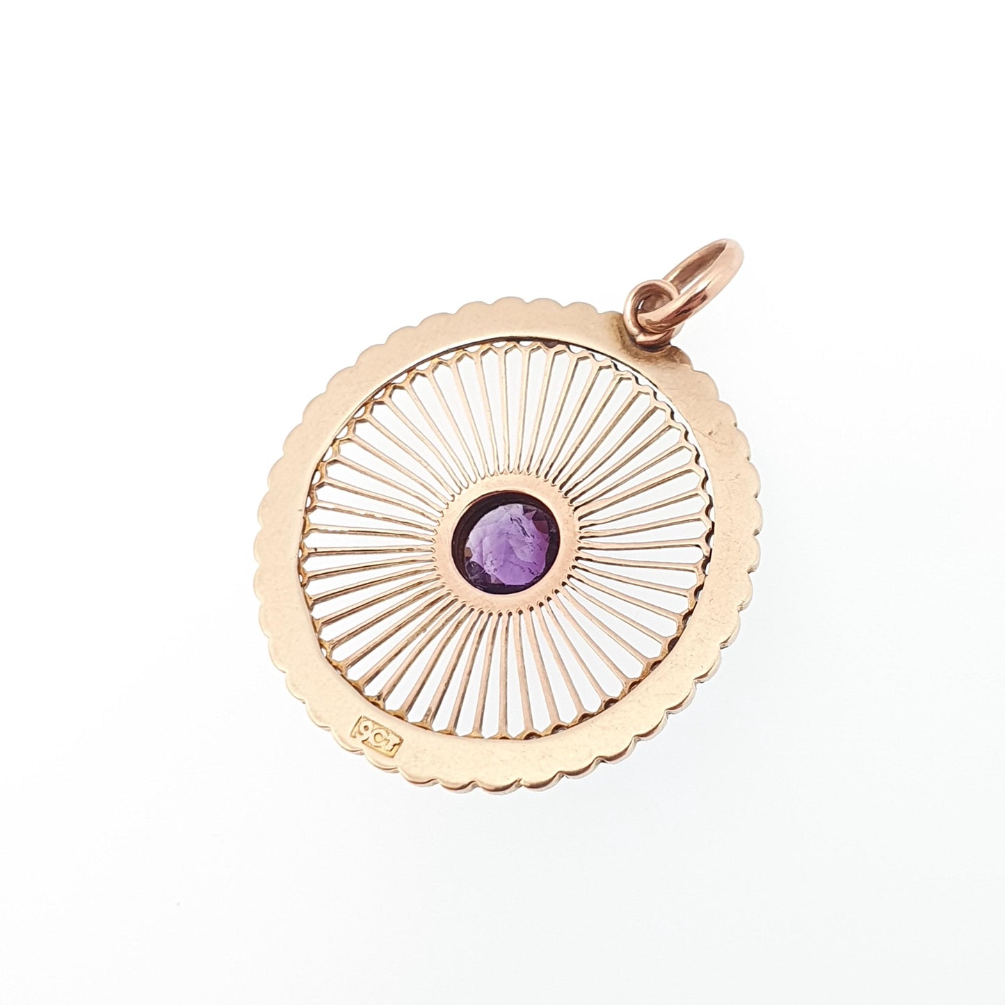 Antique 9ct 9k Gold Amethyst Pendant Wheel Necklace Seed Pearl Edwardian Spiral Swirl Openwork Vintage Jewellery Jewelry