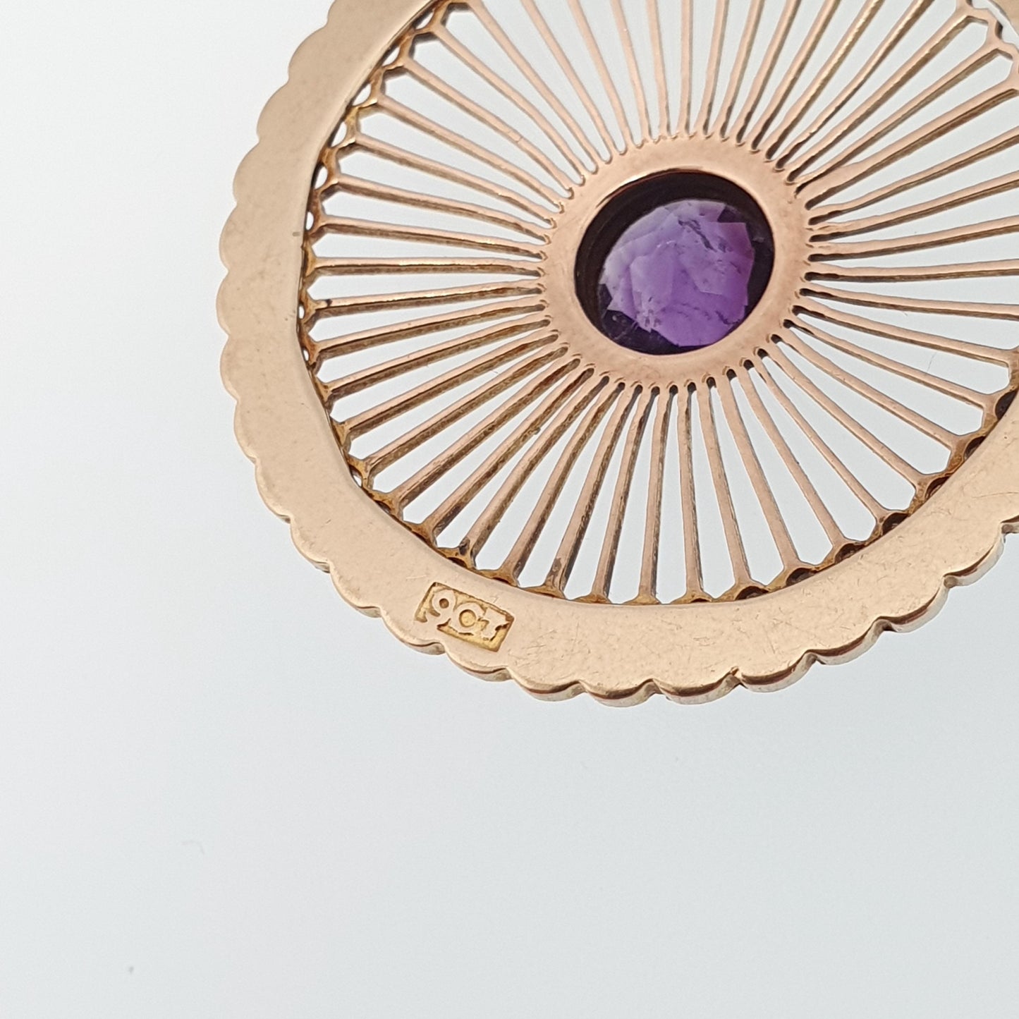 Antique 9ct 9k Gold Amethyst Pendant Wheel Necklace Seed Pearl Edwardian Spiral Swirl Openwork Vintage Jewellery Jewelry